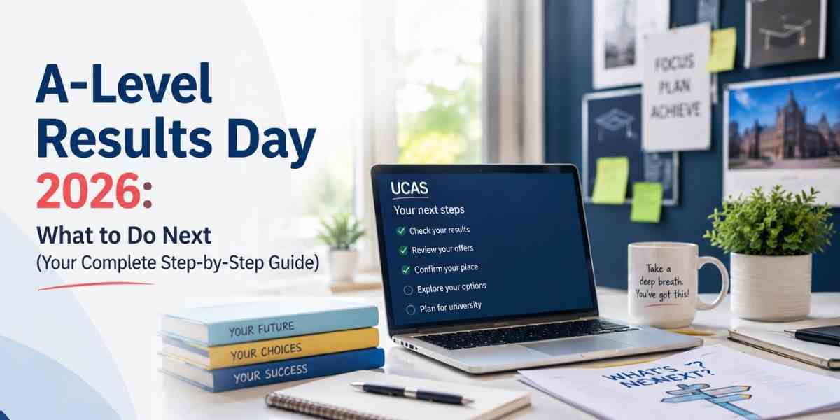 Student desk with A-Level Results Day 2026 guide, UCAS application checklist on a laptop, study books, and university planning materials representing the next steps after receiving A-Level results.