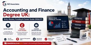 Accounting and Finance Degree UK guide banner featuring entry routes, student finance, scholarships, bursaries, career opportunities, and UK university study support for the 2026/27 academic year with NZ Associates branding.