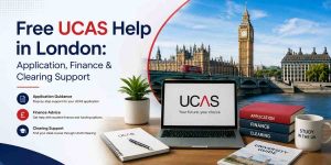 Laptop displaying UCAS alongside the London skyline, with study materials highlighting free UCAS application support, student finance guidance, and Clearing assistance for UK university applicants in London.