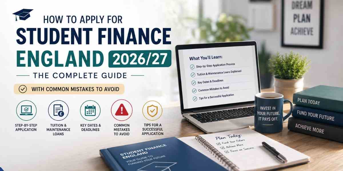 Student Finance England 2026/27 application guide showing key steps, deadlines, loans, and common mistakes to avoid.