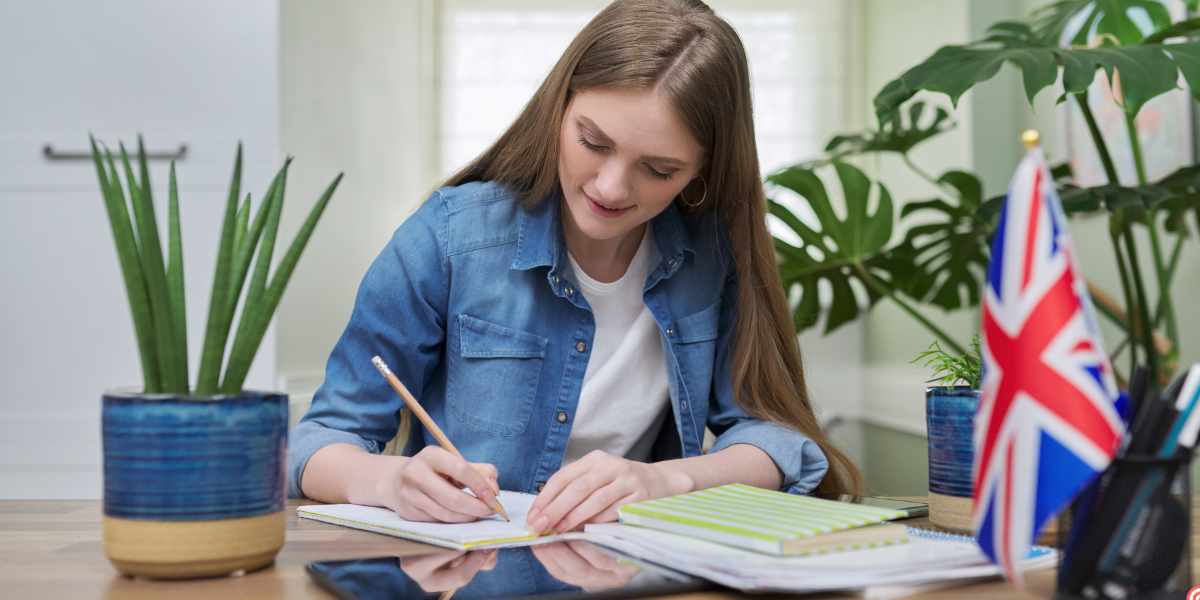 A young female student with long brown hair sitting at a desk and writing in a notebook, with a small United Kingdom (Union Jack) flag placed prominently on the desk next to her, subtly highlighting the topic of whether the Lifelong Learning Entitlement is restricted only to England or available across the UK.