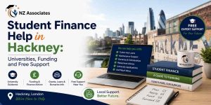 Hero banner for Student Finance Help in Hackney featuring the official NZ Associates logo, London city skyline, study desk, and free guidance on university funding, student finance applications, grants, bursaries, and financial support.