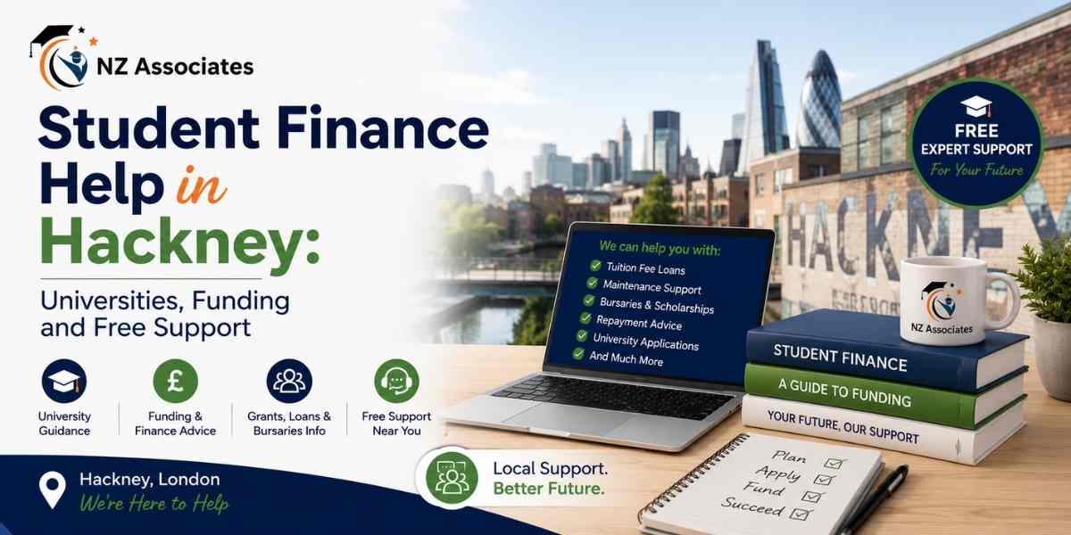 Hero banner for Student Finance Help in Hackney featuring the official NZ Associates logo, London city skyline, study desk, and free guidance on university funding, student finance applications, grants, bursaries, and financial support.