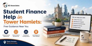 Hero banner for Student Finance Help in Tower Hamlets featuring the official NZ Associates logo, Tower Bridge skyline, study materials, and free guidance for student finance applications, grants, bursaries, and university funding support.
