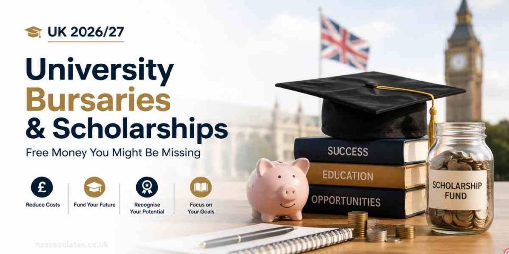 Premium hero image showing a UK graduation cap, scholarship savings jar, books, coins, and Big Ben representing university bursaries and scholarships available in the UK for the 2026/27 academic year.