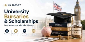 Premium hero image showing a UK graduation cap, scholarship savings jar, books, coins, and Big Ben representing university bursaries and scholarships available in the UK for the 2026/27 academic year.