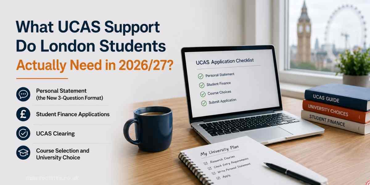 Study desk with a laptop displaying a UCAS application checklist, alongside books and a notebook, illustrating key UCAS support topics for London students in 2026/27 including the new personal statement format, student finance, UCAS Clearing, and university course selection.