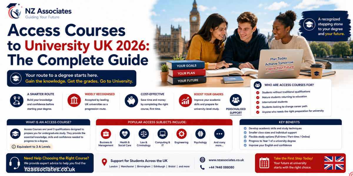 A professional “Access Courses to University UK 2026: The Complete Guide” banner highlighting who Access Courses are for, entry routes, popular subjects, key benefits, academic preparation, and progression to university. It features NZ Associates branding, UK landmarks, diverse students, and clear sections designed for an education-focused blog.