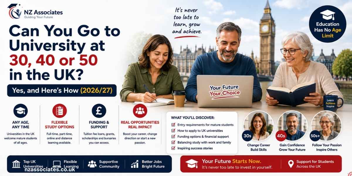 A welcoming “Can You Go to University at 30, 40 or 50?” banner showing mature students studying in the UK, with key points on flexible study, funding, entry requirements, and career opportunities for 2026/27. It uses NZ Associates branding, UK university imagery, and an encouraging message that education has no age limit.