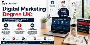 Digital Marketing Degree UK guide banner featuring entry requirements, student finance, scholarships, career opportunities, SEO, PPC, social media marketing, content marketing, analytics, and UK university study support for the 2026/27 academic year with NZ Associates branding.