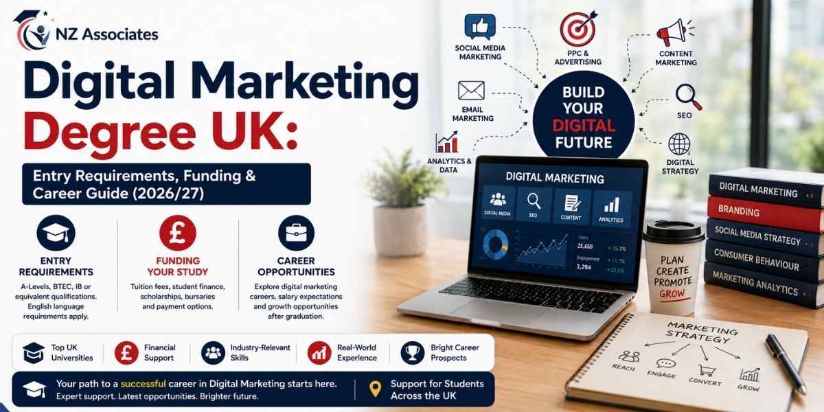 Digital Marketing Degree UK guide banner featuring entry requirements, student finance, scholarships, career opportunities, SEO, PPC, social media marketing, content marketing, analytics, and UK university study support for the 2026/27 academic year with NZ Associates branding.