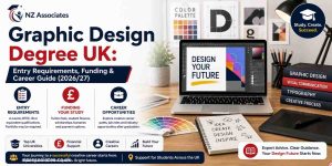 Graphic Design Degree UK guide banner featuring entry requirements, student finance, scholarships, career opportunities, portfolio preparation, and creative design study support for the 2026/27 academic year with NZ Associates branding.