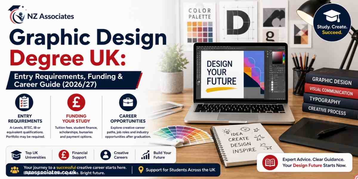 Graphic Design Degree UK guide banner featuring entry requirements, student finance, scholarships, career opportunities, portfolio preparation, and creative design study support for the 2026/27 academic year with NZ Associates branding.