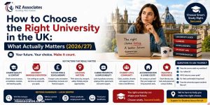A professional “How to Choose the Right University in the UK” banner for 2026/27, focusing on course quality, rankings, tuition fees, location, career prospects, student life, accommodation, and facilities. It also includes practical questions and tips for looking beyond rankings, with NZ Associates branding and UK university imagery.