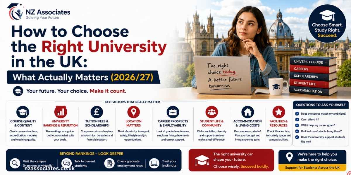 A professional “How to Choose the Right University in the UK” banner for 2026/27, focusing on course quality, rankings, tuition fees, location, career prospects, student life, accommodation, and facilities. It also includes practical questions and tips for looking beyond rankings, with NZ Associates branding and UK university imagery.