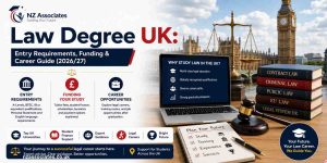 A polished UK Law Degree banner for 2026/27, featuring entry requirements, funding options, career opportunities, and student support alongside legal-themed visuals such as scales of justice, a gavel, law books, and London landmarks. The design uses NZ Associates.