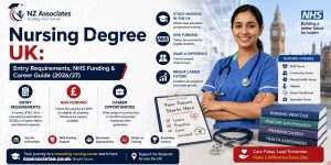 A professional Nursing Degree UK 2026/27 banner highlighting entry requirements, NHS funding, career opportunities, placements, and hands-on training, with nursing-themed visuals and UK landmarks. It features NZ Associates branding and a clear focus on helping students start a rewarding healthcare career.