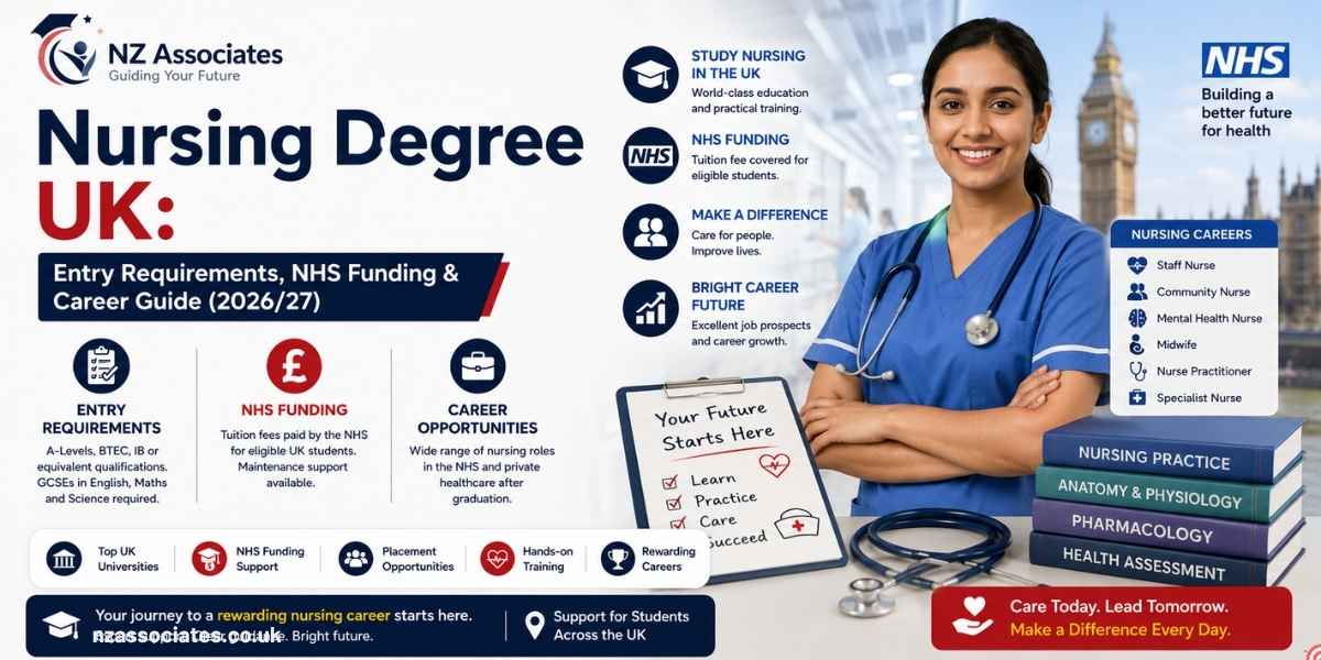 A professional Nursing Degree UK 2026/27 banner highlighting entry requirements, NHS funding, career opportunities, placements, and hands-on training, with nursing-themed visuals and UK landmarks. It features NZ Associates branding and a clear focus on helping students start a rewarding healthcare career.