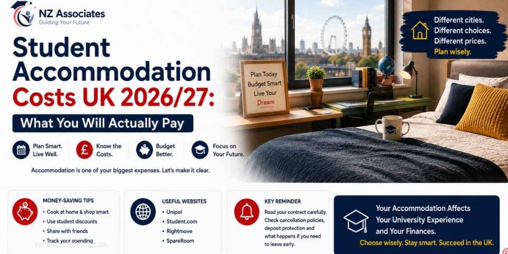 A clear Student Accommodation Costs UK 2026/27 banner showing typical weekly costs, accommodation types, included expenses, extra living costs, and practical budgeting tips. It uses NZ Associates branding with a modern student-room setting and UK city imagery.