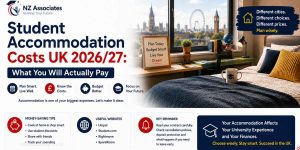 A clear Student Accommodation Costs UK 2026/27 banner showing typical weekly costs, accommodation types, included expenses, extra living costs, and practical budgeting tips. It uses NZ Associates branding with a modern student-room setting and UK city imagery.