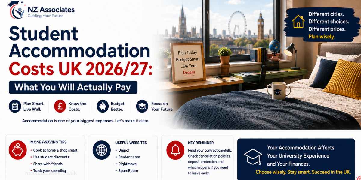 A clear Student Accommodation Costs UK 2026/27 banner showing typical weekly costs, accommodation types, included expenses, extra living costs, and practical budgeting tips. It uses NZ Associates branding with a modern student-room setting and UK city imagery.