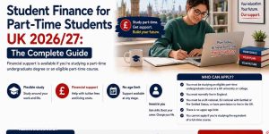 Student Finance for Part-Time Students UK 2026/27 infographic featuring flexible study, financial support, no age limit, eligibility requirements, application guidance, and NZ Associates student finance support.
