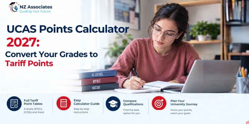 UCAS Points Calculator 2027 banner showing how A-levels, BTECs, GCSEs and other qualifications convert to UCAS Tariff Points, with full tariff tables and calculator guidance from NZ Associates.
