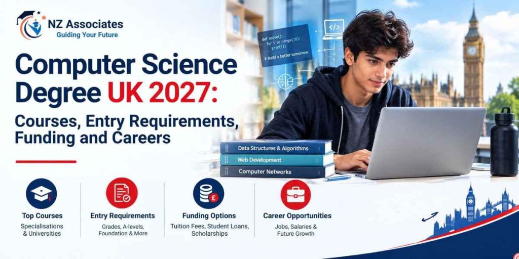 Computer Science Degree UK 2027 banner featuring university courses, entry requirements, student funding options, and career opportunities, with a UK student coding and NZ Associates branding.