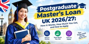 Postgraduate Master’s Loan UK 2026/27 guide showing a graduate in London with information on how the loan works, how much you can get, and how to apply.