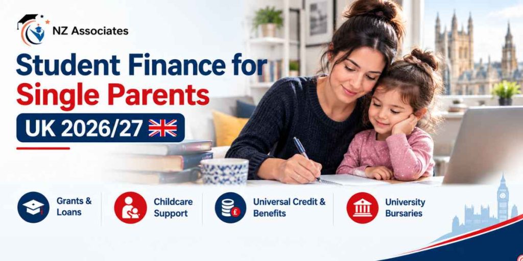Student Finance for Single Parents UK 2026/27 banner featuring grants and loans, childcare support, Universal Credit and benefits, university bursaries, and NZ Associates student finance guidance.