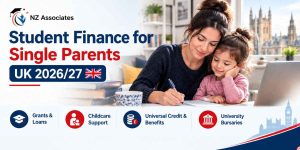 Student Finance for Single Parents UK 2026/27 banner featuring grants and loans, childcare support, Universal Credit and benefits, university bursaries, and NZ Associates student finance guidance.