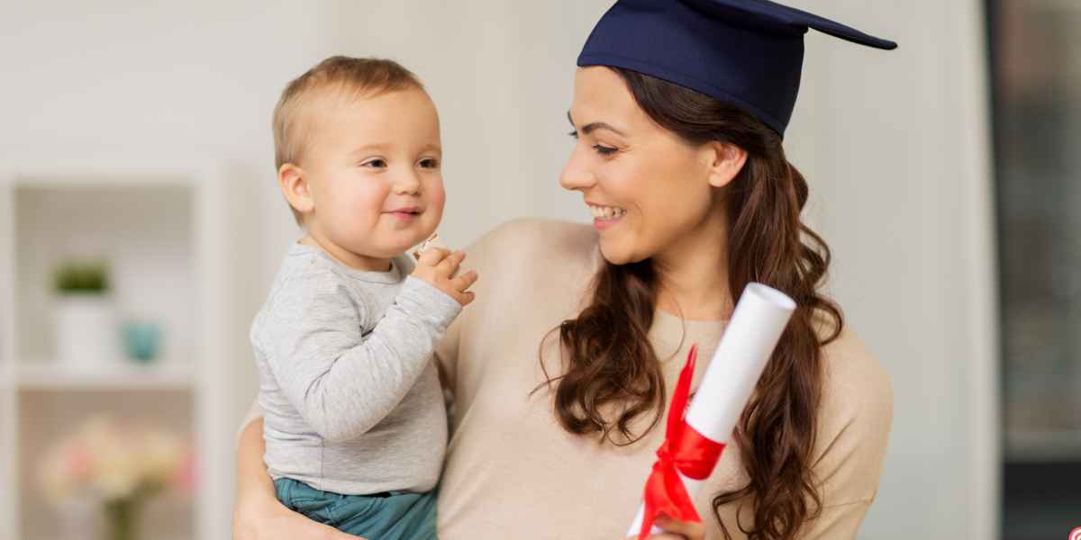 Student finance for single parents in the UK, showing a mother holding her young child while wearing a graduation cap and holding a diploma.