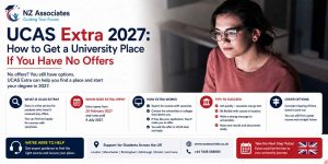 UCAS Extra 2027 guide banner showing how students with no university offers can find a place, including UCAS Extra eligibility, key dates, application process, success tips, Clearing options, and NZ Associates support.