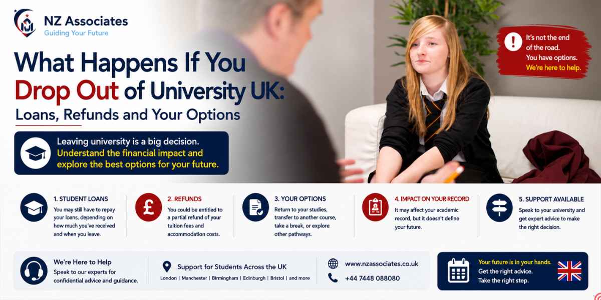What Happens If You Drop Out of University UK guide featuring student finance loans, refunds, academic record impact, options after leaving university, and available student support for UK students.