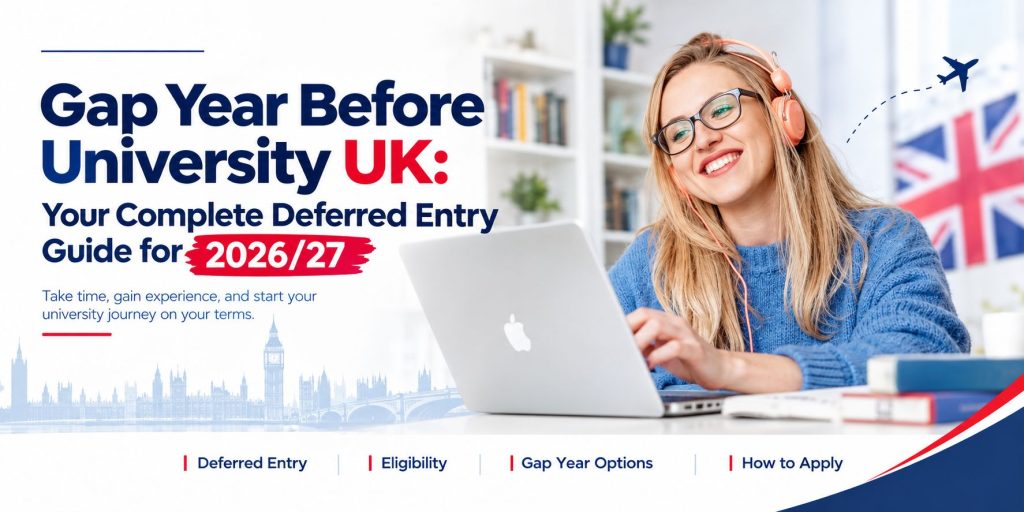 Gap Year Before University UK 2026/27 banner featuring a student using a laptop, with guidance on deferred university entry, eligibility, gap year options, and how to apply, designed by NZ Associates.
