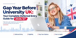 Gap Year Before University UK 2026/27 banner featuring a student using a laptop, with guidance on deferred university entry, eligibility, gap year options, and how to apply, designed by NZ Associates.