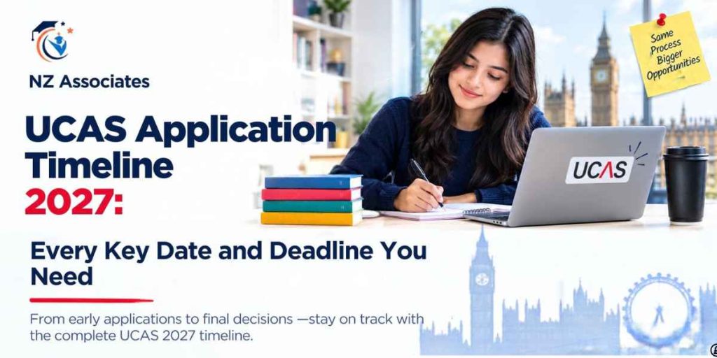 UCAS Application Timeline 2027 banner featuring key dates and deadlines for UCAS applications, including application opening, early and main deadlines, offers and responses, and GCSE results, with NZ Associates guidance.