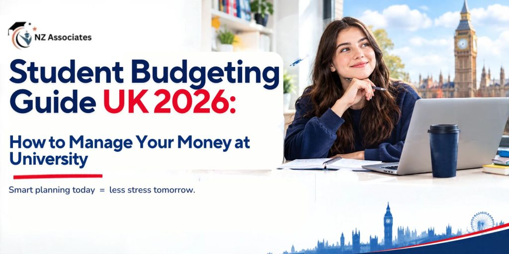 Student Budgeting Guide UK 2026 banner featuring university money management tips, tuition and living costs, student loans, accommodation, food expenses, budgeting advice, and money-saving strategies, with NZ Associates branding.
